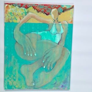 Beach Painting Woman With Red Hair Swimming  Vibrant Aqua and Coral Painting